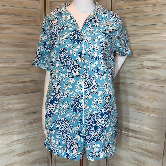 Printfresh + Anthropologie City Cats blue leopard print pajama shorts set NWOT - Picture 3 of 11
